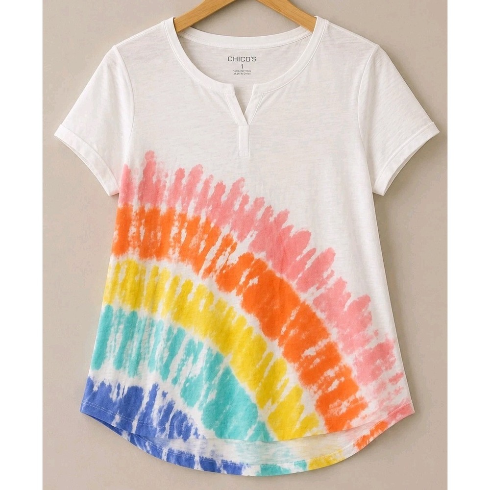 Talbots Medium Rainbow Tie Dye Cotton Blend T-Shirt White Short Sleeve Casual...